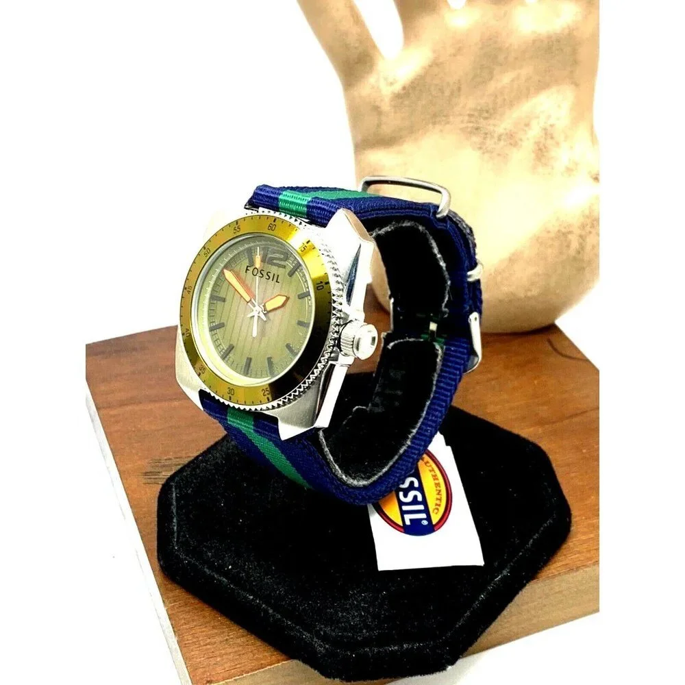 Fossil Mens Watch WB1043 Quartz Green Dial 38mm Stainless Steel Case Nylon Strap